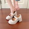 Mary Jane high heels one-word buckle with square head patent leather temperament thick heel waterproof table single shoes