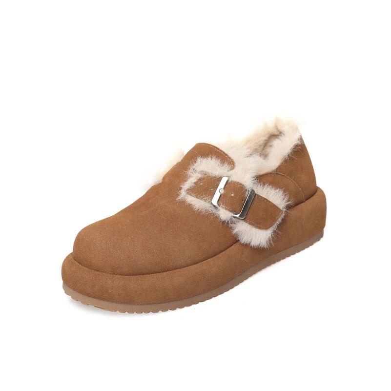 

Жіночі лофери з натуральної шкіри Meotina Туфлі-човники з круглим носком, плоска платформа, середні підбори, пряжка, тепле жіноче модне взуття, зимове коричневе хакі 39 малиновий