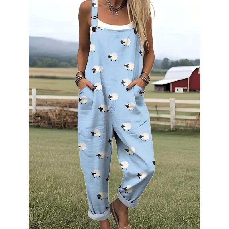 Womens Sleeveless Jumpsuit With Vintage Print Loose Fit Streetwear Style 2026