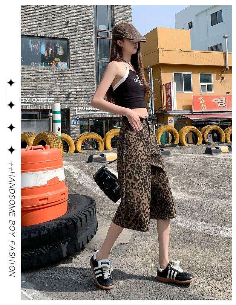Gedijie leopard print wide leg denim shorts, women's high waisted versatile casual loose straight leg pants
