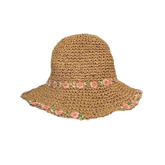 

Sun Hat Pastoral Style Hand-Woven Flower Pattern Wide Brim Bucket Hat Vacation Leisure Sun Protection Hat C
