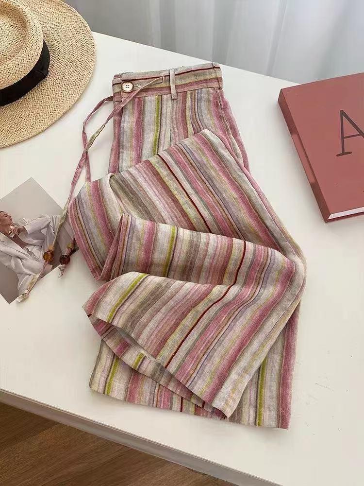 2026 Women s Pink Striped Wide-Leg Casual Relaxed Pants Medium