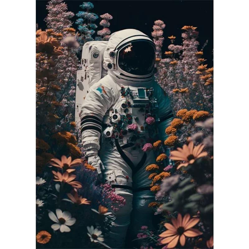 Astronaut In Flowers Canvas Painting Cosmonaut and Planet Posters Prints Modern Wall Art Pictures for Home Kid Beroom Decoration