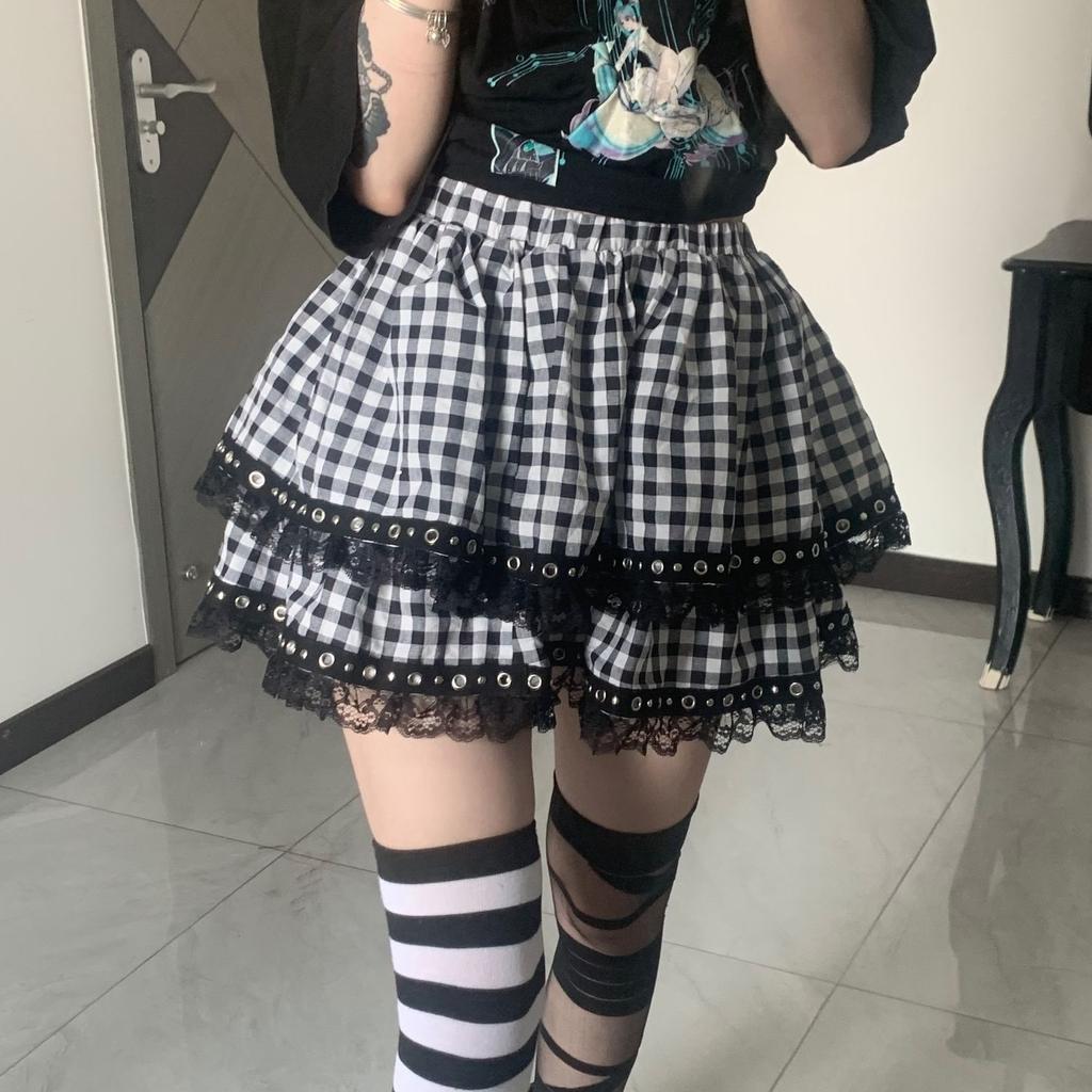 Japanese Harajuku Style Girls Black Blue Plaid Skirts Punk Sweet Lolita Cake Mini Skirt Cosplay Women Summer Kawaii Skirts