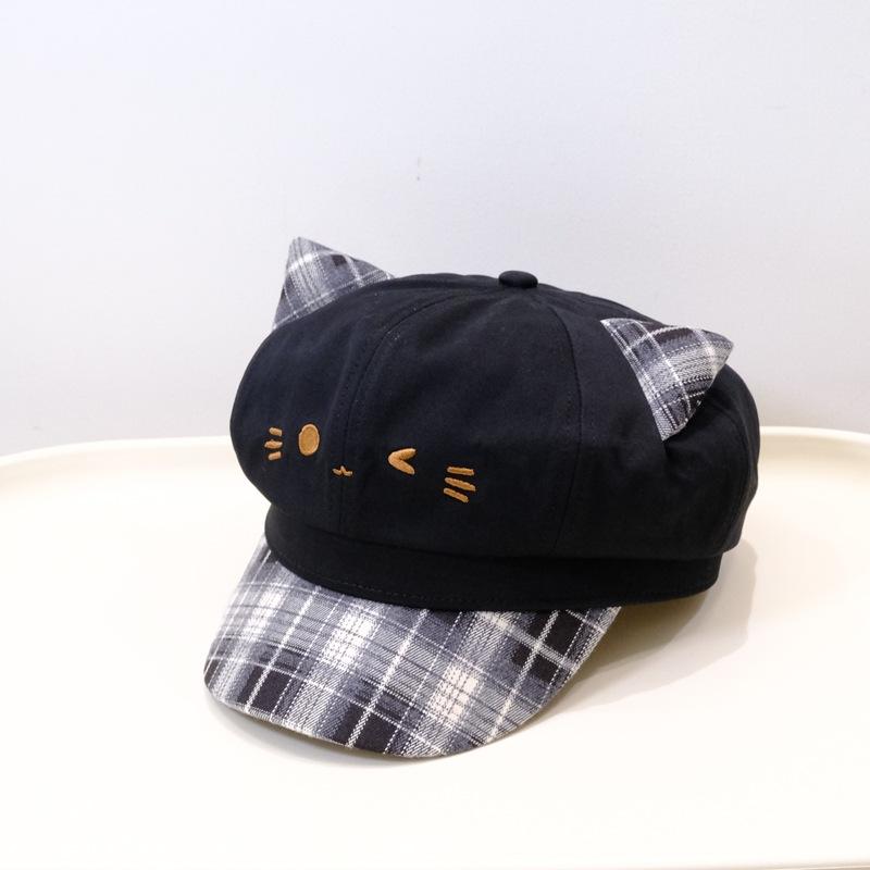 Plaid three-dimensional cartoon embroidered octagonal hat lady cute newsboy hat girl shade beret hat