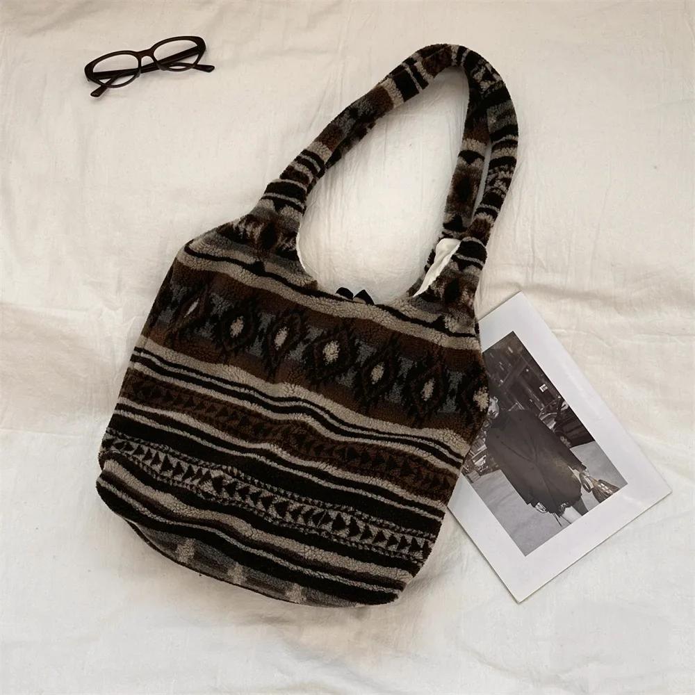 Winter Vintage Leopard Damen Plüsch Umhängetaschen Karierte Damen Handtaschen Westentasche Große Kapazität Damen Kunstlamm Wolle Tote