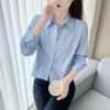 Women's Striped Shirt Asymmetric Hem with Button-Up Collar Long Sleeves