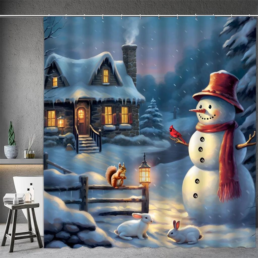 Christmas Shower Curtain, Winter Snowman Santa Claus Snowflake Gnome Farm Truck Berry Christmas Tree Cartoon Bathroom Decorati