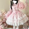 Set Vestito Lolita Super Fata Primavera e Autunno Ragazza Dolce da Donna Pizzo Floreale Fiocco Camicia Principessa Jsk Abito con Bretelle
