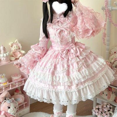 Ensemble Robe Lolita Super Féerique Printemps et Automne Fille Douce Femmes Dentelle Florale Nœud Chemise Princesse Robe à Bretelles Jsk