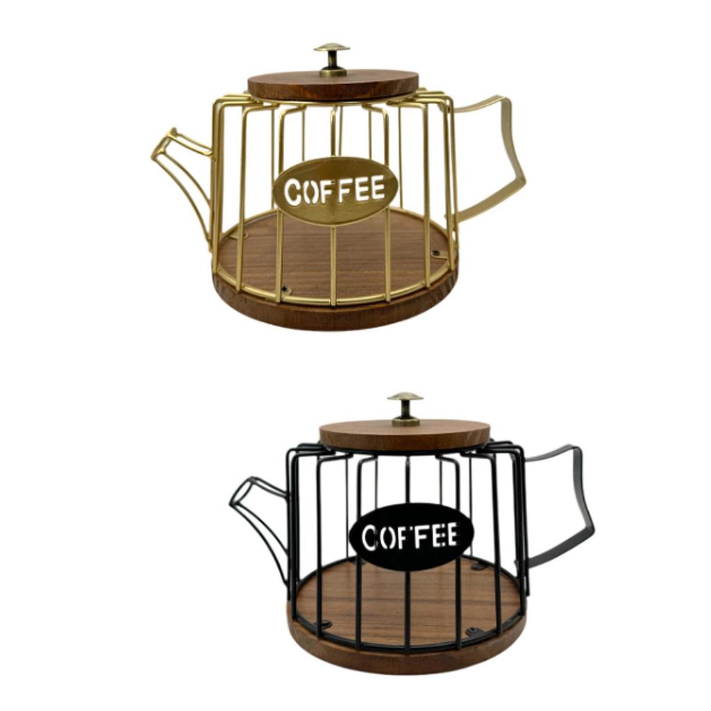 Coffee Pod Holder Storage Basket,Wooden Base,with Lid Metal Sturdy Organizer Coffee Capsule Holder for Kitchen Counter Home