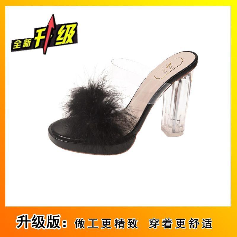 Transparent Crystal High Heels Fashion Temperament Fashion Platform Slippers 2025 Summer Thick Heel Open Toe Fluffy Shoes Sandals