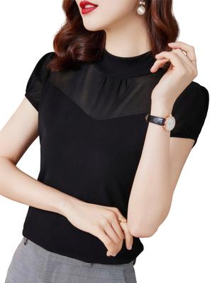 Yuoku Sheer Short Sleeve High Sexy T-Shirt, Women's, Neck, See-Through, Blouse, Thin, Black, Slimming, (Size L)