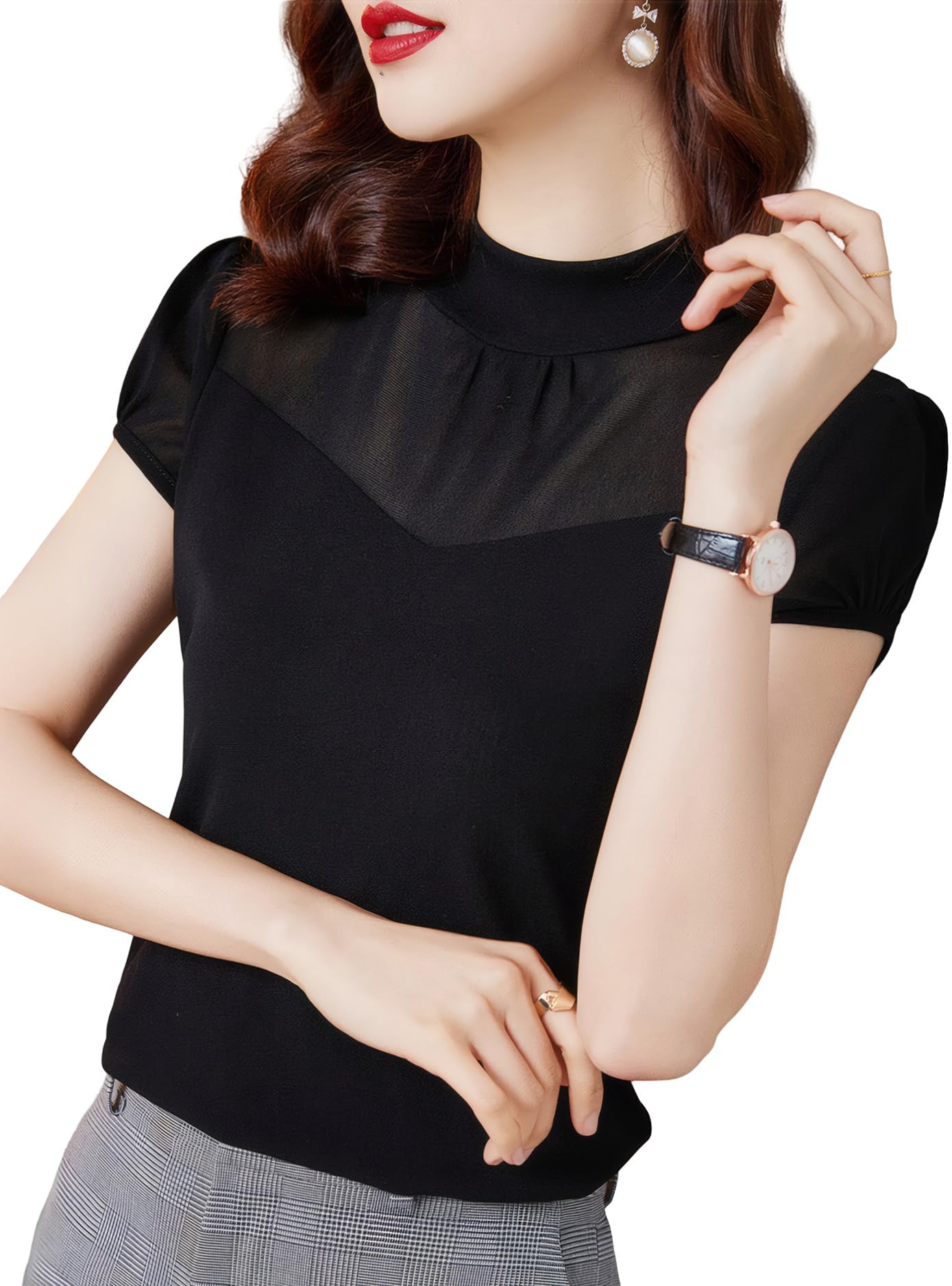 

Yuoku Прозрачная футболка с коротким рукавом, женская, горловина, прозрачная, блузка, тонкая, черная, стройнящая, (Размер L) чёрный