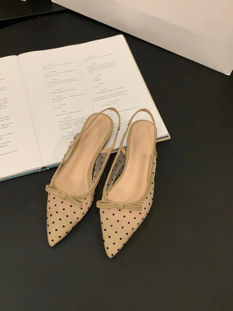 Women's 2026  Polka Dot Chunky Heel Graceful Pointed Toe Shallow Mouth Slimming Baotou Bow Shoes Women