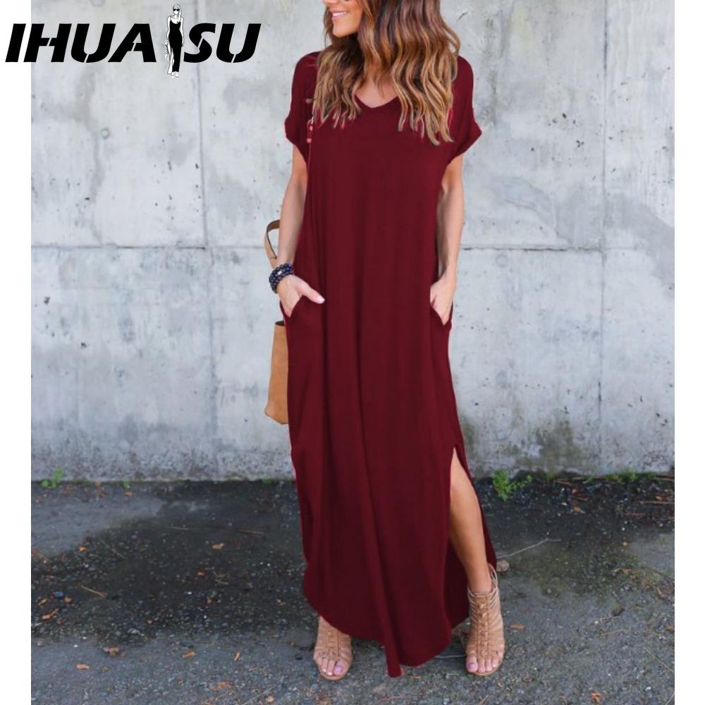 

IHUASU Сексуальное женское платье больших размеров 5XL Летнее однотонное повседневное платье макси с коротким рукавом для женщин Длинное платье Женские платья XXXXXL красный
