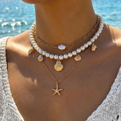 Elegant Imitation Pearl Chain Necklaces for Women Fashion Metal Starfish Shell Pendant Necklaces Minimalist Summer Jewelry Gifts