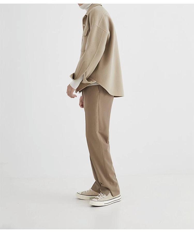 Men's Khaki Korean-Style Wool Coat: Autumn/Winter Loose Fit, Double-Sided Pocket Jacket