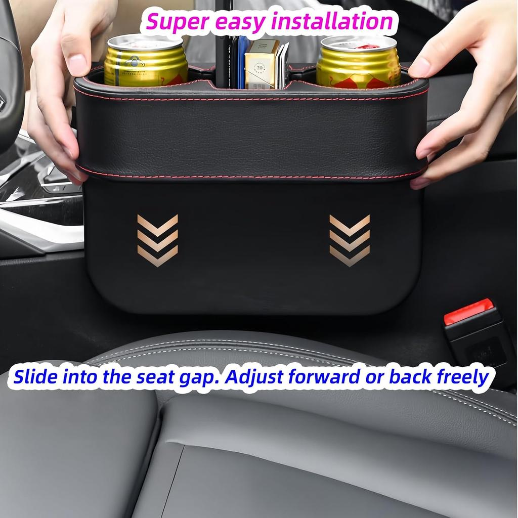 Car Cup Holder Expander & Seat Gap Filler - PU Leather Cover with Stitching, Multifunctional Front Seat Organizer, for Car Truck Van, Holds Large