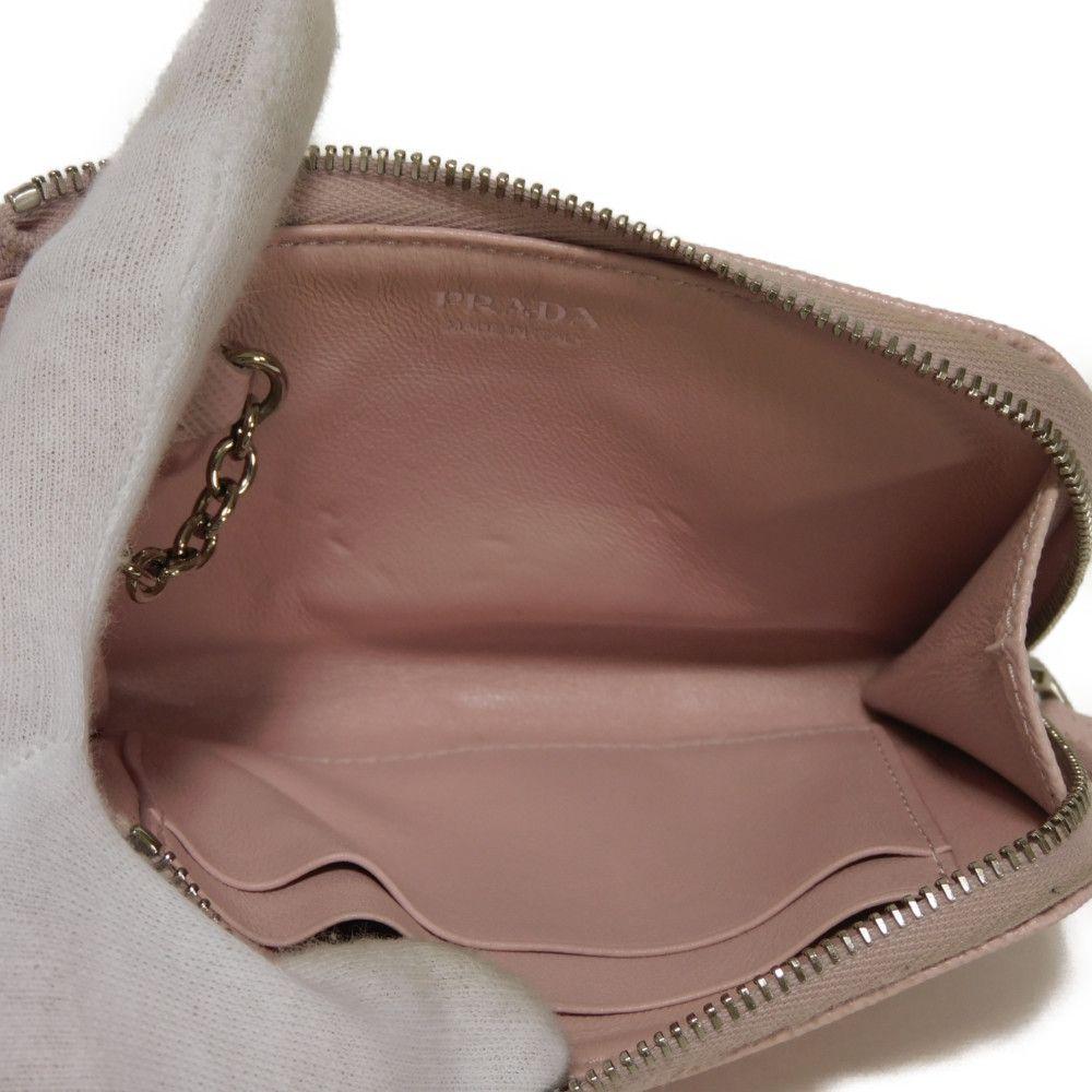 Used Saffiano Keychain 11569 1PP122 7943 L-shaped Zipper Key Ring with Card Case and RFID Triangle Logo, Pink, Women's