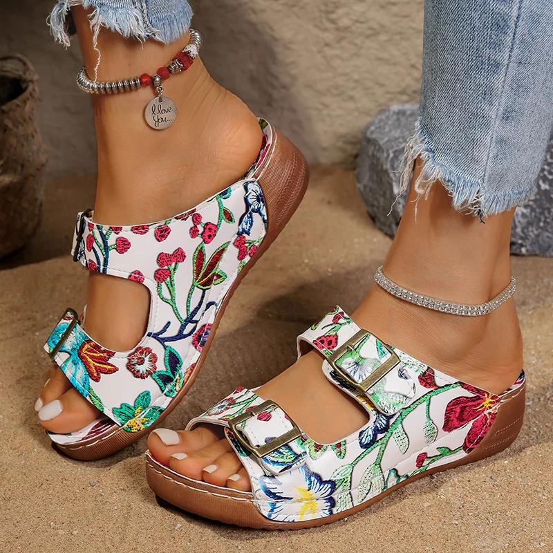 Fashion Fashion Printed Wedge Heels Sandals Women Summer 2025 Double Buckle Platform Slippers Woman Lightweight Non Slip Beach Sandles