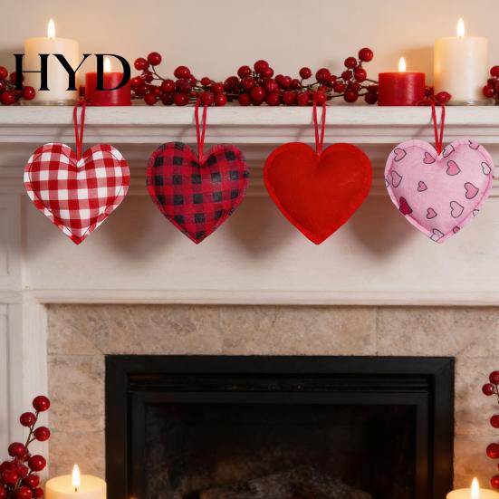 Heart Pendant Decoration 12 Pcs Felt Fabric Hanging Ornament Red Pink Buffalo Velvet Plaid Charm for Valentine's Day Wedding Party DIY Crafts