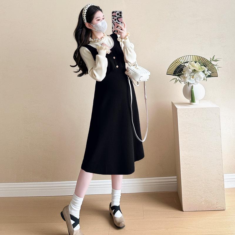 

2026 Korean Style Elegant Patchwork Dress for Pregnant Women - Slimming, Age-Reducing, Festive New Year s Eve Attire 2XL чёрный