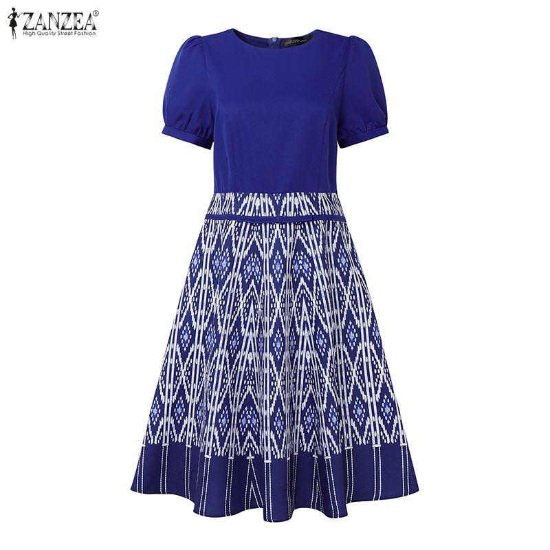 ZANZEA Damen Lässig Rundhals Sommer Kurzarm Print Kleid