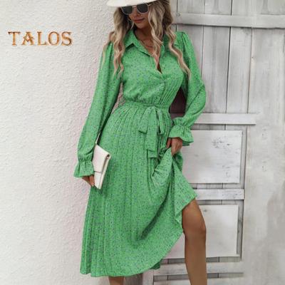 Herbst Frühling Damen Kleid Umlegekragen V-Ausschnitt Lange Ärmel A-Linie Big Swing Halb Einreihig Schnürung Taille Plissee Blumendruck Midikleid