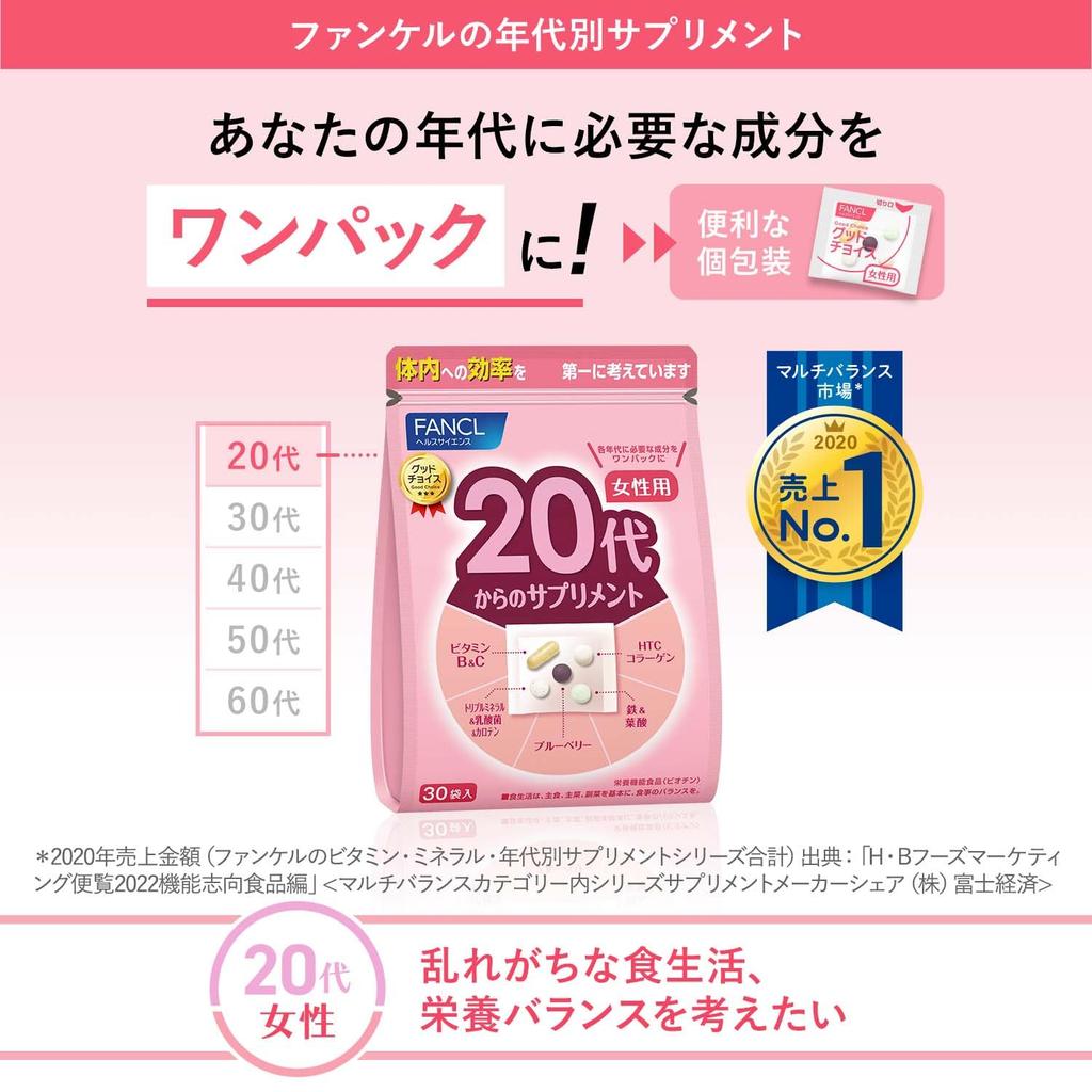 Integratore FANCL per donne dai 20 anni in su Fornitura per 15-30 giorni (30 borse) Integratore per l'età (vitamina C/acido folico/ferro) Confezionati singolarmente