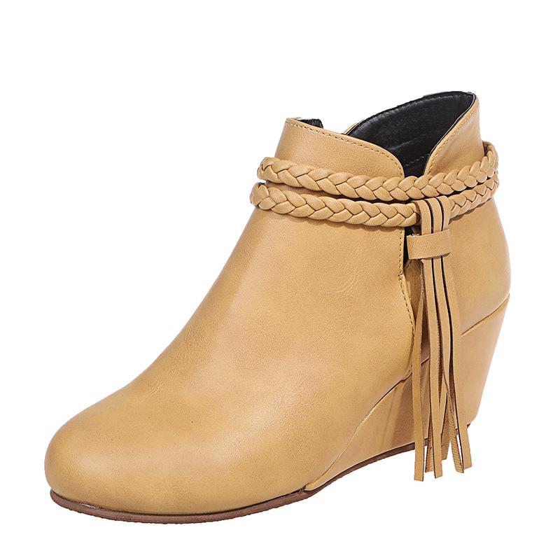 Retro Women Platform Boots Tassel Wedges Boots Women Zipper Solid Color Short Booties Round Toe Shoes for Women Zapatos De Mujer