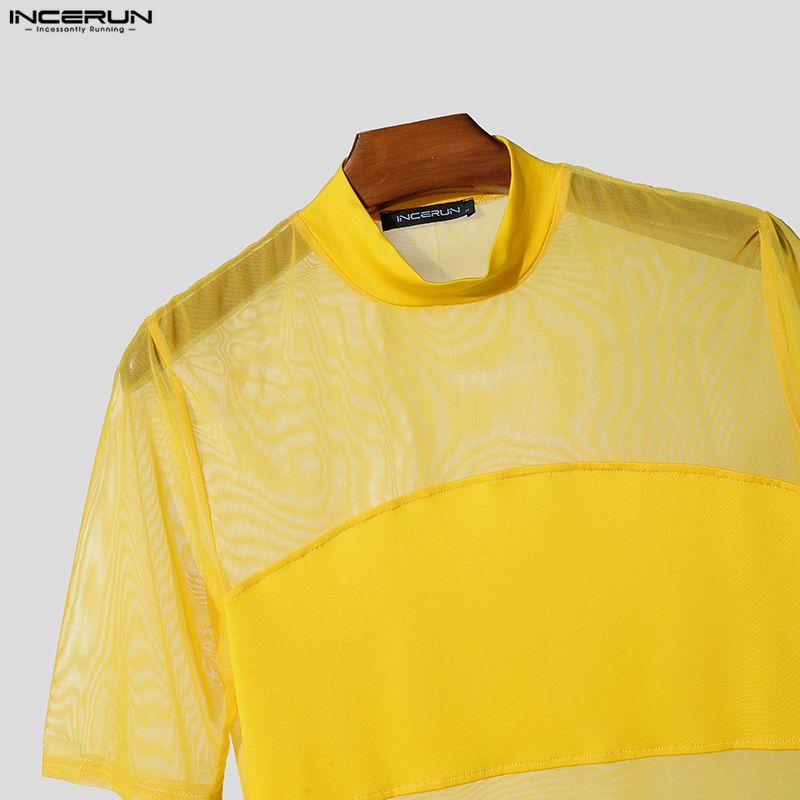 INCERUN Summer Men O Neck Short Sleeve Mesh See Through Patchwork T-shirts Tops