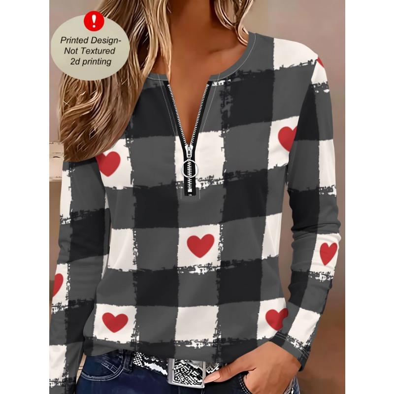 Women's spring and autumn long-sleeved zipper T-shirt plaid red heart background commuting casual daily versatile top