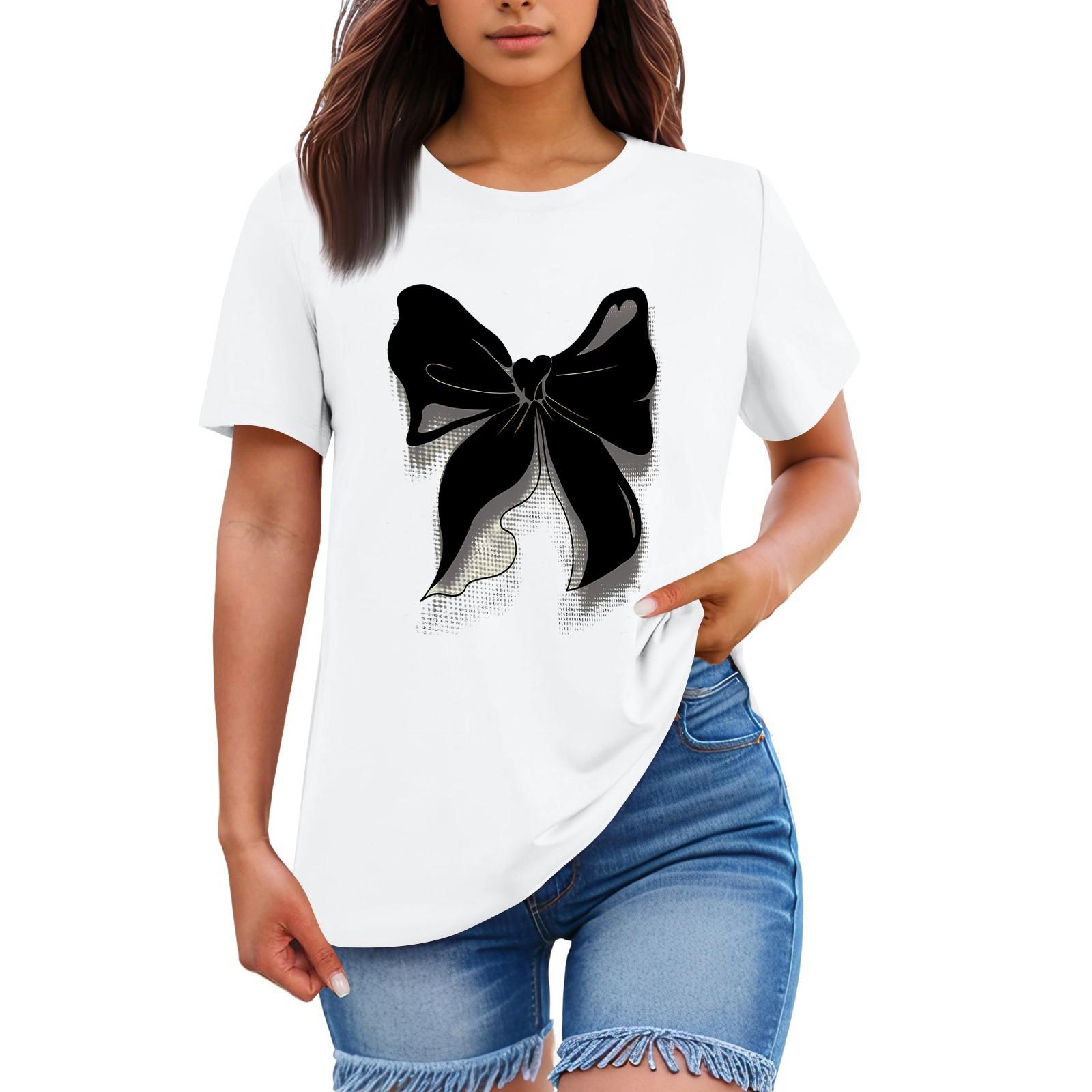 

Женская свободная удобная повседневная модная футболка с принтом в виде бантиков, круглым вырезом и короткими рукавами XL белый