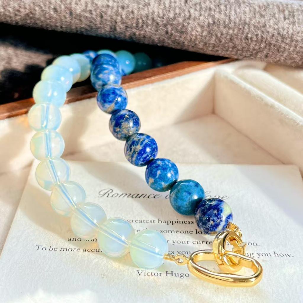 Vintage Natural Lapis Lazuli Chalcedony Artificial Moonstone Sweater Chain Necklace Collarbone Chain