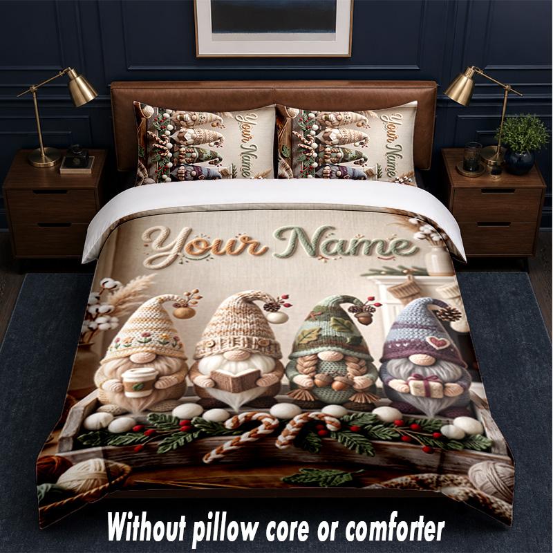 Gnome Theme Custom Text Or Name 3Pcs Bedding Set,1 Flat Sheet & 2 Pillowcases Personalized Home Bedding