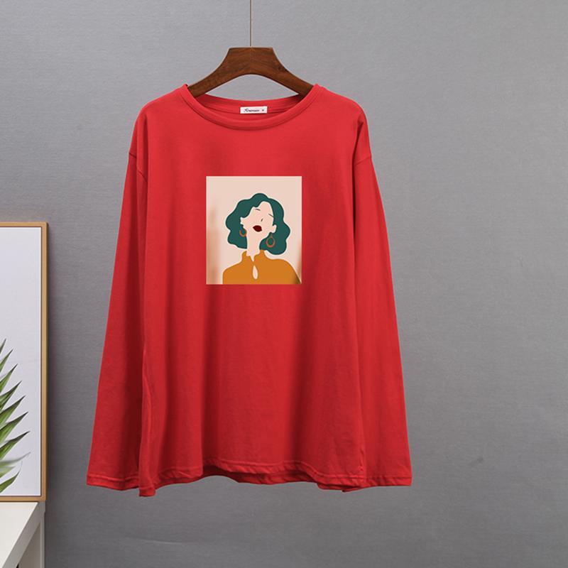 Trička s bavlněným základem Hirsionsan Dámské Jarní Retro Abstraktní postavy Potištěné Trička Dámské Pro volný čas Měkké Dívčí topy s Dlouhým rukávem