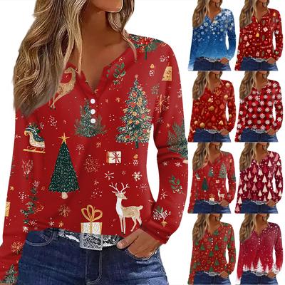 Women's T Shirt Tee Christmas Print Button Long Sleeve Daily Weekend Fashion Basic V- Neck Regular Top