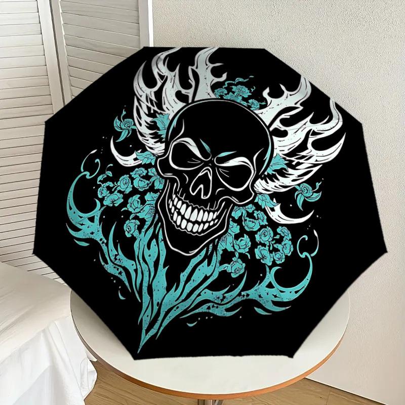 1PC Skull Flames Automatic Folding Umbrella - Compact 8-Rib Design, Durable Plastic & Iron, Lightweight for Outdoor Daily Use, Festive Gift021