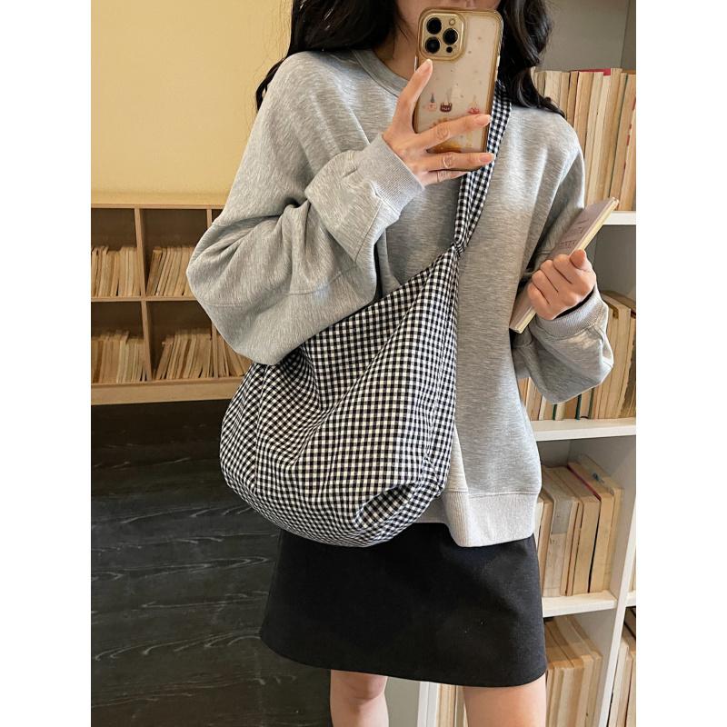 Retro-karierte Leinwandtasche im koreanischen Stil für Damen, Schultertasche mit großem Fassungsvermögen, leichte und vielseitige Tragetasche, Crossbody-Tasche für Studenten