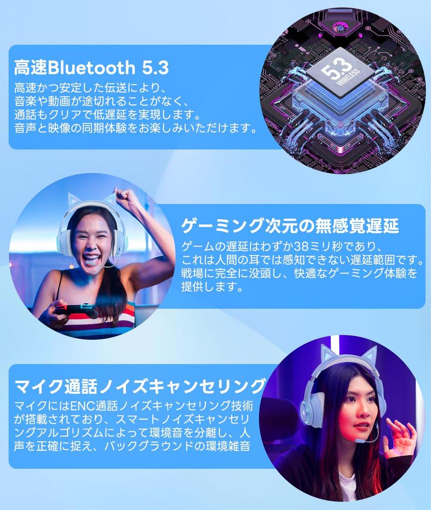 Absdefen 5.3 Katzenohren-Kopfhörer, Kabellose Bügel-Bluetooth-Kopfhörer mit LED, ENC-Geräuschunterdrückung, HIFI RGB-Beleuchtung, IPX5, 40mm3,5mm Audio