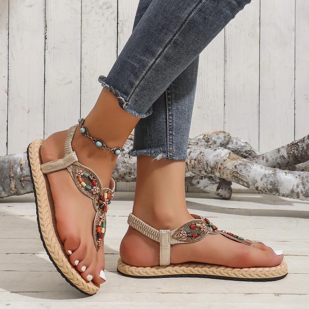 Sandali piatti romani casual retrò da donna antiscivolo con perline