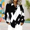 Women Plus Size Collared Neck Long Sleeve Black White Geometric Printed Button Front Curved Hem Shirt