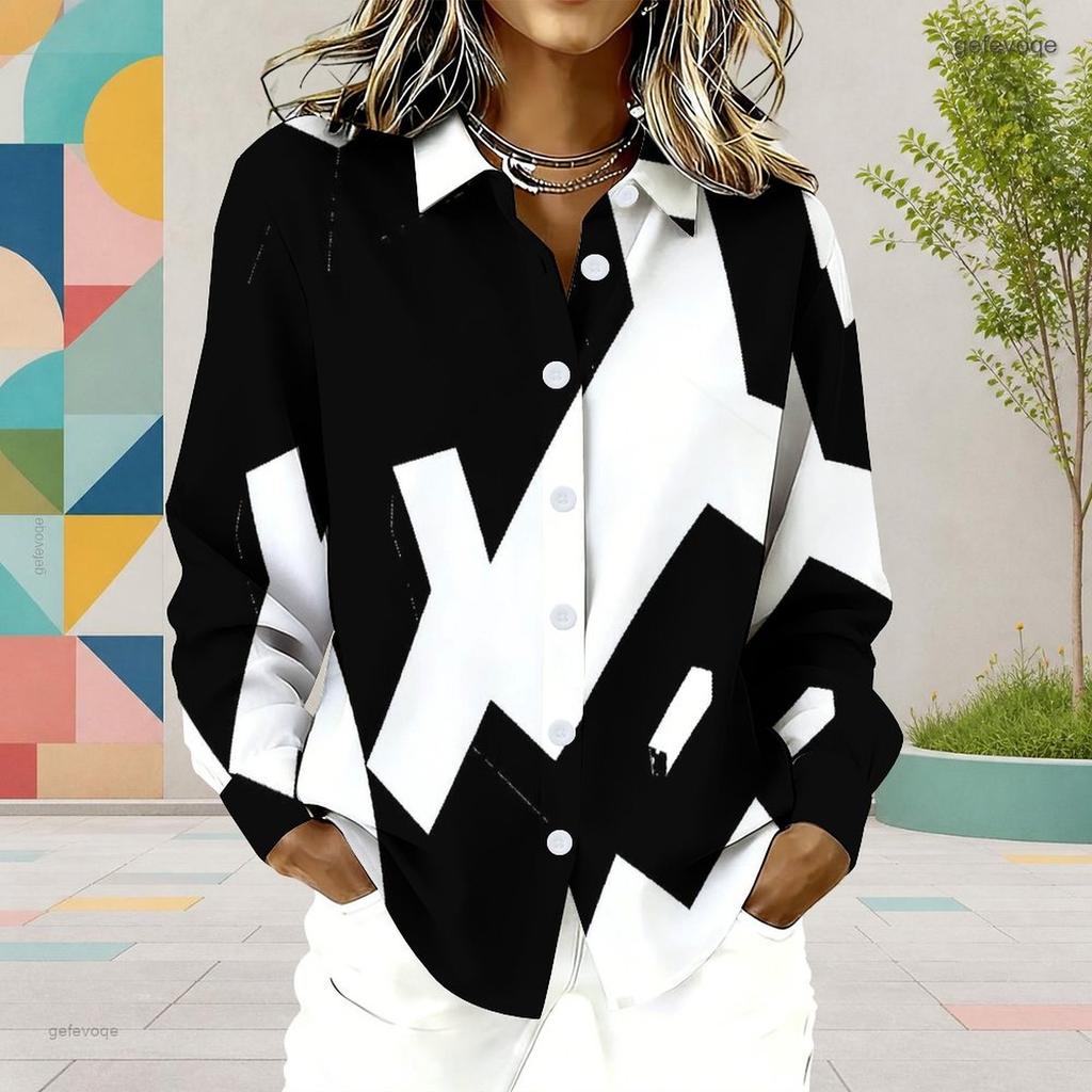 Women Plus Size Collared Neck Long Sleeve Black White Geometric Printed Button Front Curved Hem Shirt