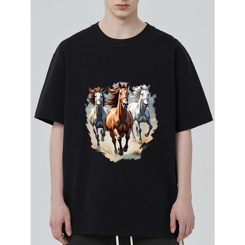 Мужская футболка черная с принтом «Три бегущих коня» Повседневная одежда для повседневных образов и активного отдыха S чёрный