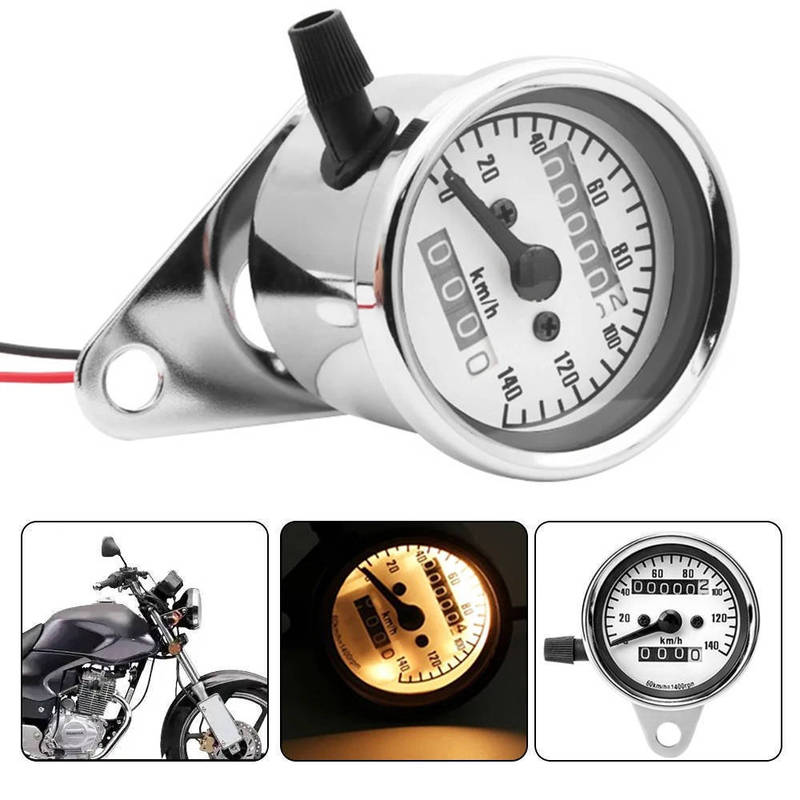 Universal Motorcycle Mechanical Dual Odometer Speedometer Gauge Speed Line Interface Metal Chrome for Harley Bobber Chopper Cafe