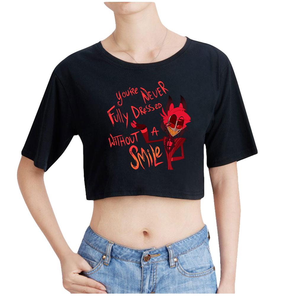 Sommermode Damen Sexy Hazbin Hotel Grafikdruck Kurzarm Crop Top Lustige T-Shirts Hipster Oansatz Coole Tops