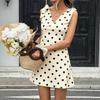 Rochie de vară casual pentru femei, cu decolteu în V, cu buline, talie înaltă, fără mâneci, cu cordon în talie