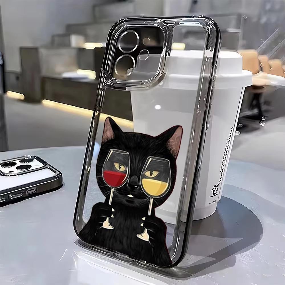 Süße Schwarze Katze Weinflasche Druck Handyhülle für iPhone 17 16 15 14 13 12 11 16E Serie Pro Max Plus Doppelschichtiger Schutz