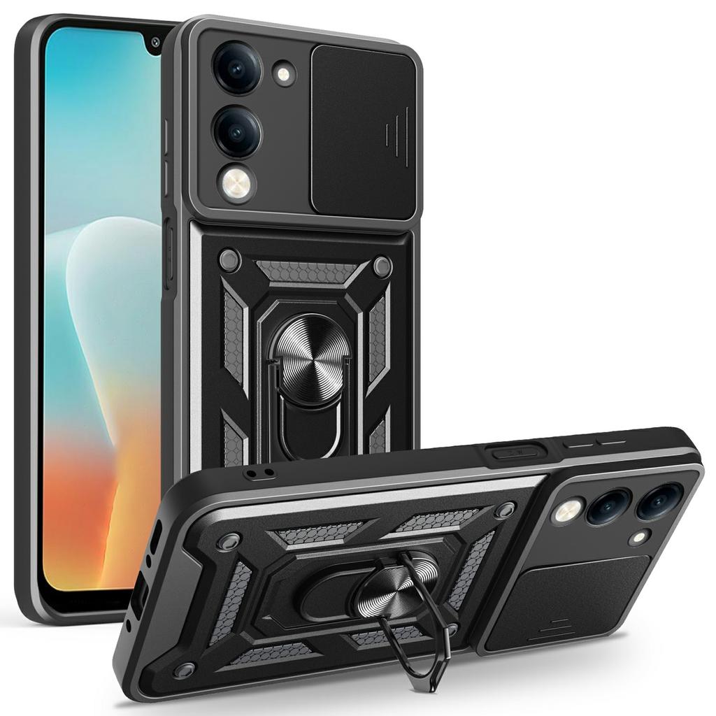 For vivo Y29s 5G/Y04 4G Case with Slide Camera Lid PC+TPU Kickstand Phone Cover